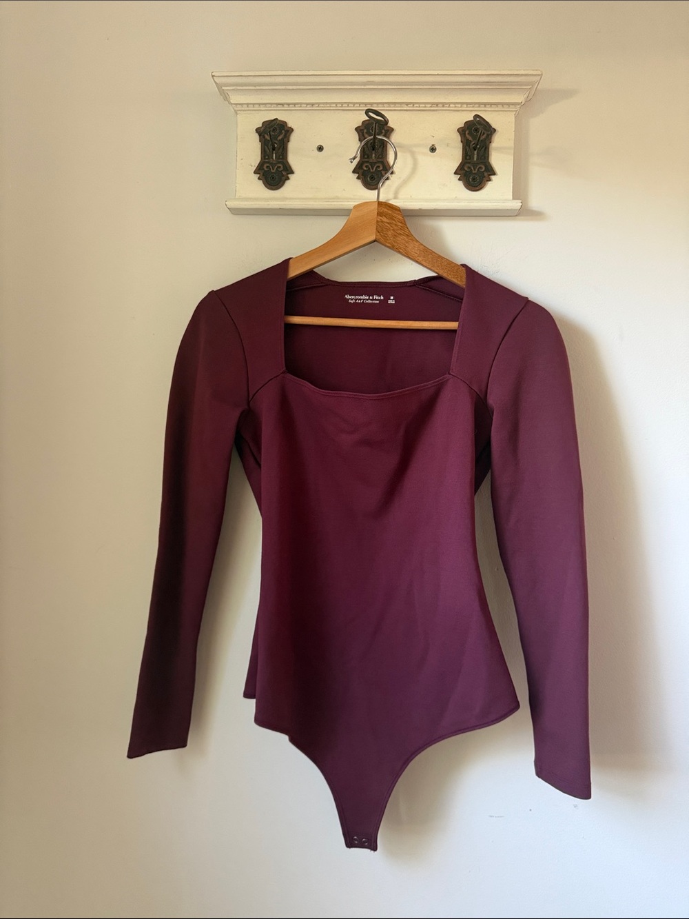 Abercrombie & Fitch Burgundy Long-Sleeve Square Neck Thong Bodysuit